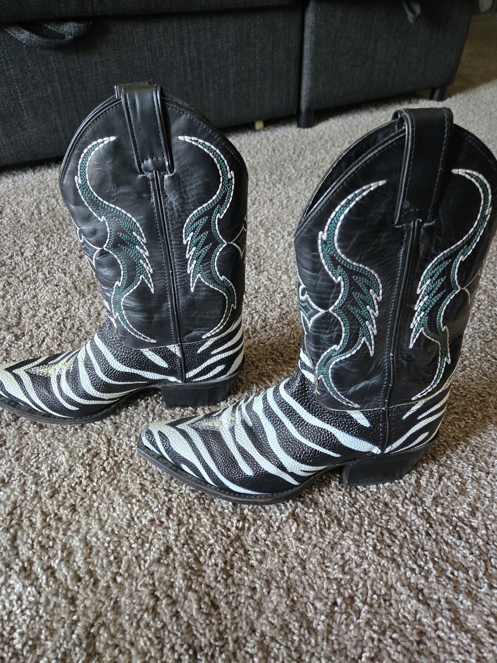 Black Zebra-Print Women's Cowboy Boots with Teal Embroidery